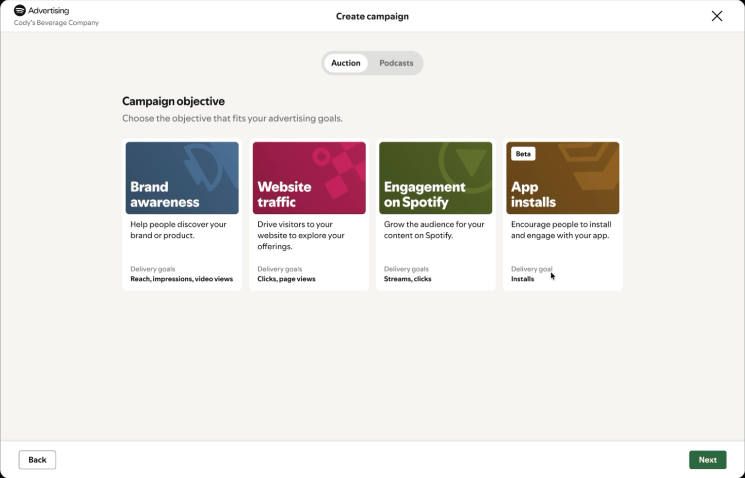 Spotify Ads Manager — Animated objective selection cards with hover states and selection transitions for Brand Awareness, Website Traffic, Engagement on Spotify, and App Installs